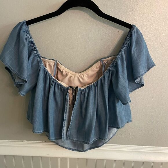 Guess Denim Off Shoulder Cropped Top Size Small - Picture 8 of 12